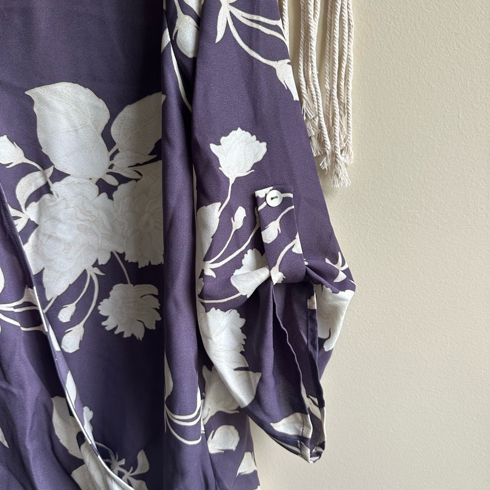 West Kei Purple and White Wrap Blouse 3/4 Sleeve - Picture 3 of 7